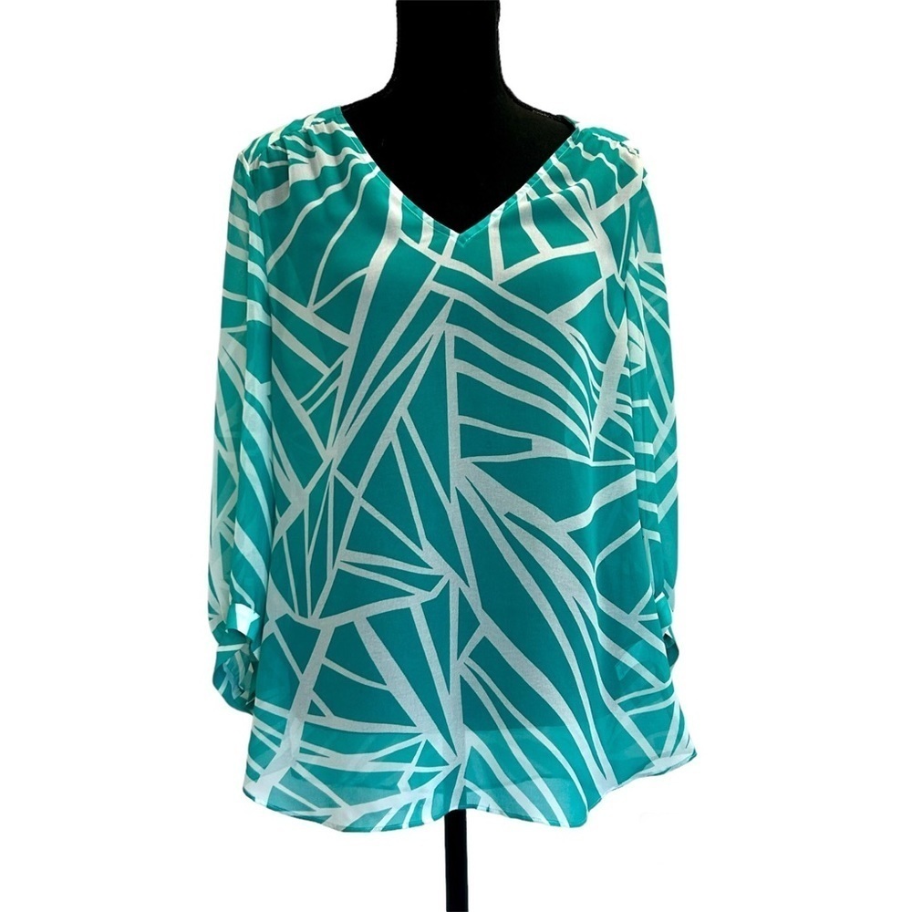 BANANA Republic teal blue white semi sheer chiffon tropical blouse Sz M